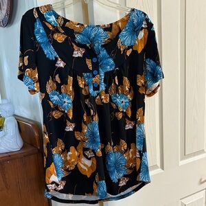 Amazon Black Top with Blue and Orange Floral Design